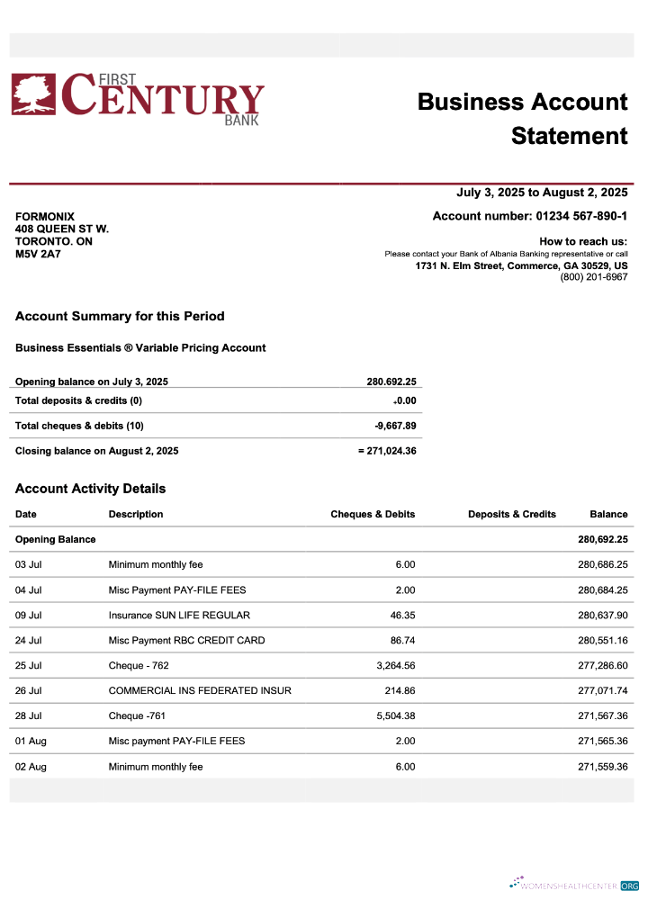 USA Georgian Gainesville First Century firm account statement Word and PDF template